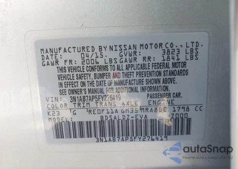 2015 Nissan Sentra Sv z USA, uszkodzony, nr VIN 3N1AB7AP5FY276419